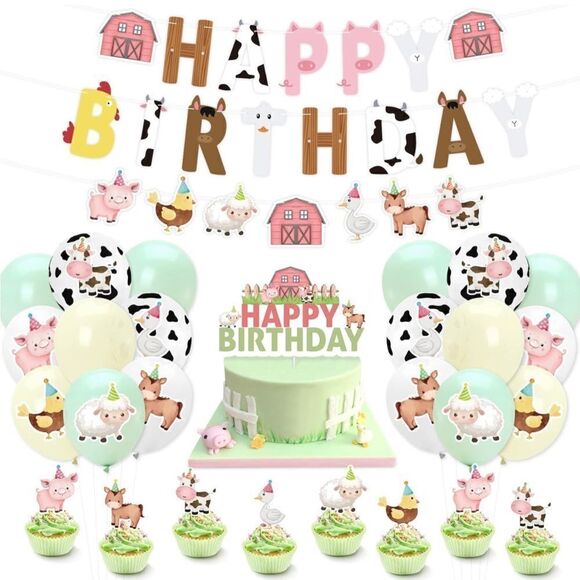 Farm Animals Birthday Party Barnyard Decor Banner Cake Topper Balloon Hat Pastel - Picture 1 of 6